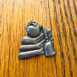 HCD Signed Apple Books & School Bell Teacher Silver Tone Pin Brooch